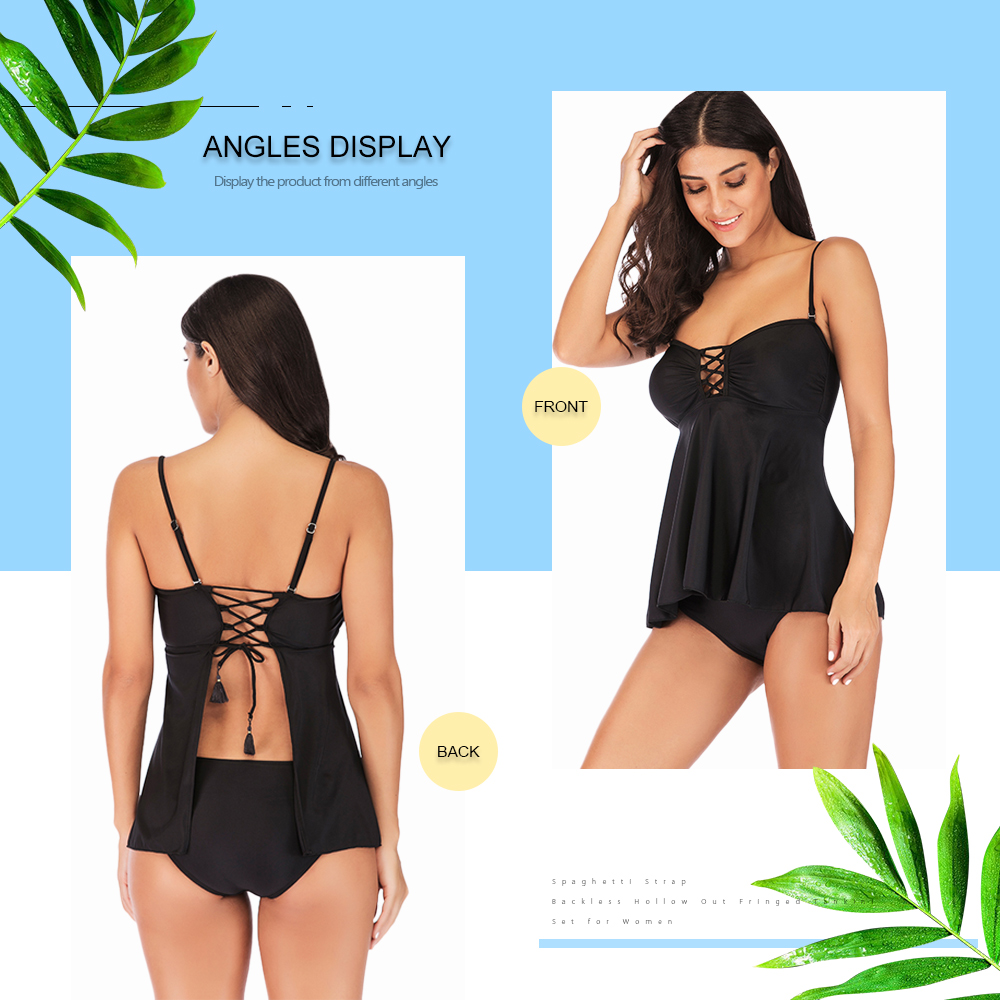 Spaghetti Strap Backless Padded Hollow Out Criss-cross Fringed Two-piece Women Tankini Set