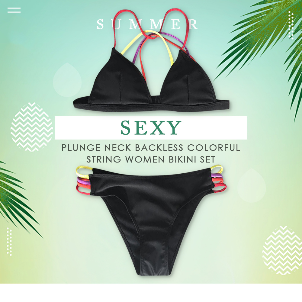 Sexy Plunge Neck Padded Backless Colorful String Low Waist Women Bikini Set