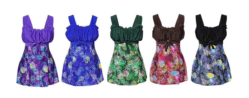 Shoulder Strap Sleeveless Leaf Print Ruffle Padded Mid Waist Plus Size Women Tankini Set