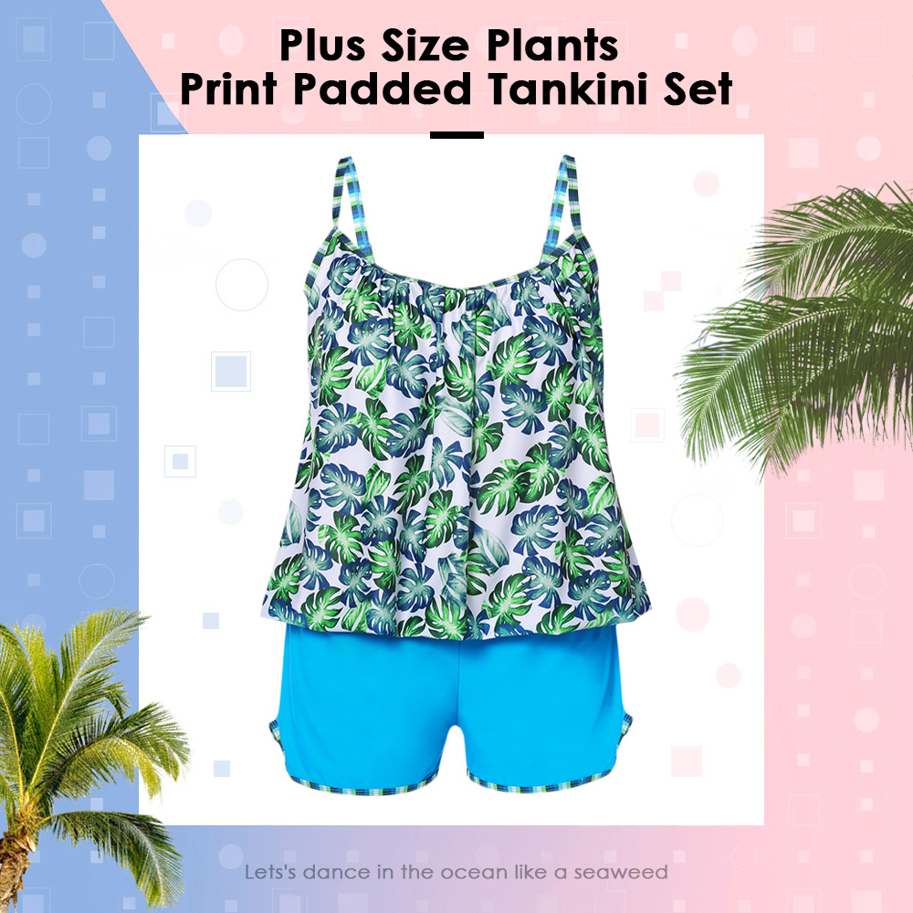 Plus Size Plants Print Padded Tankini Set Women Swimsuit