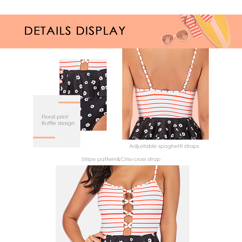 Spaghetti Strap Backless Padded Hollow Out Stripe Floral Print Ruffle Women Swimsuit