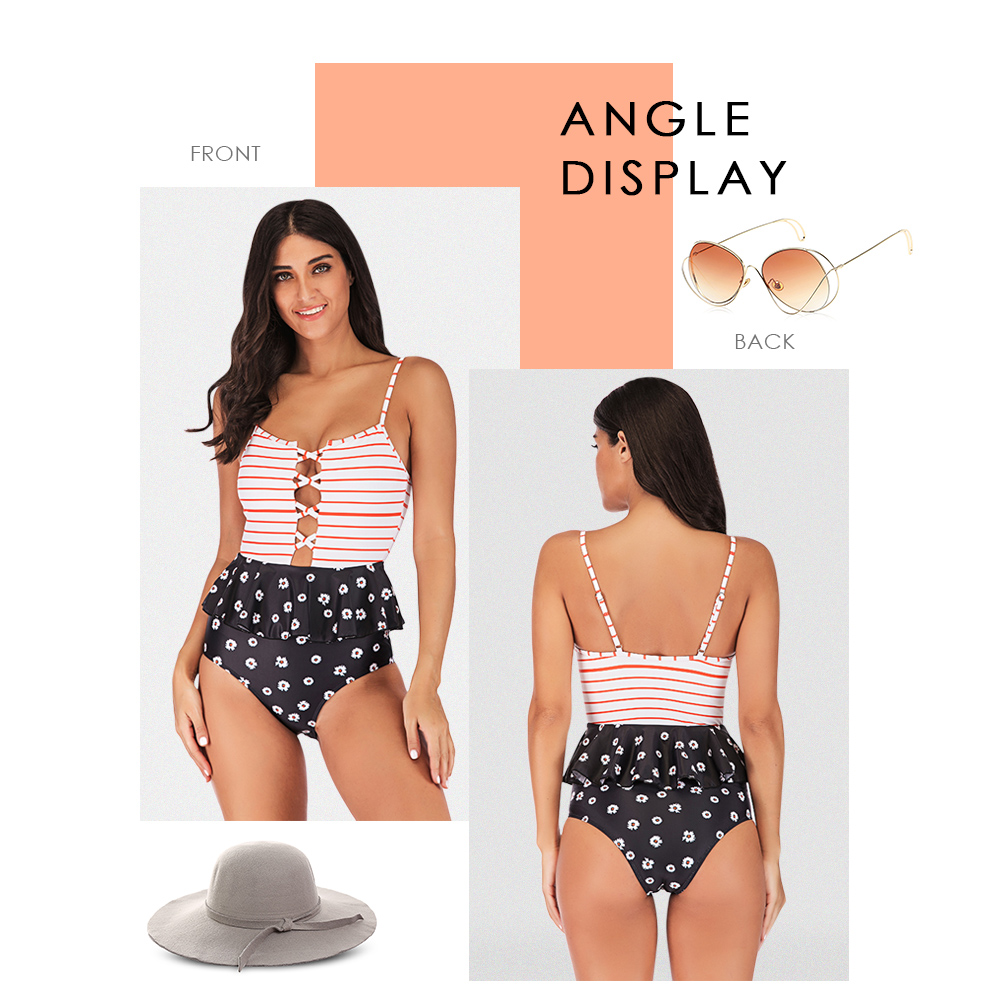 Spaghetti Strap Backless Padded Hollow Out Stripe Floral Print Ruffle Women Swimsuit