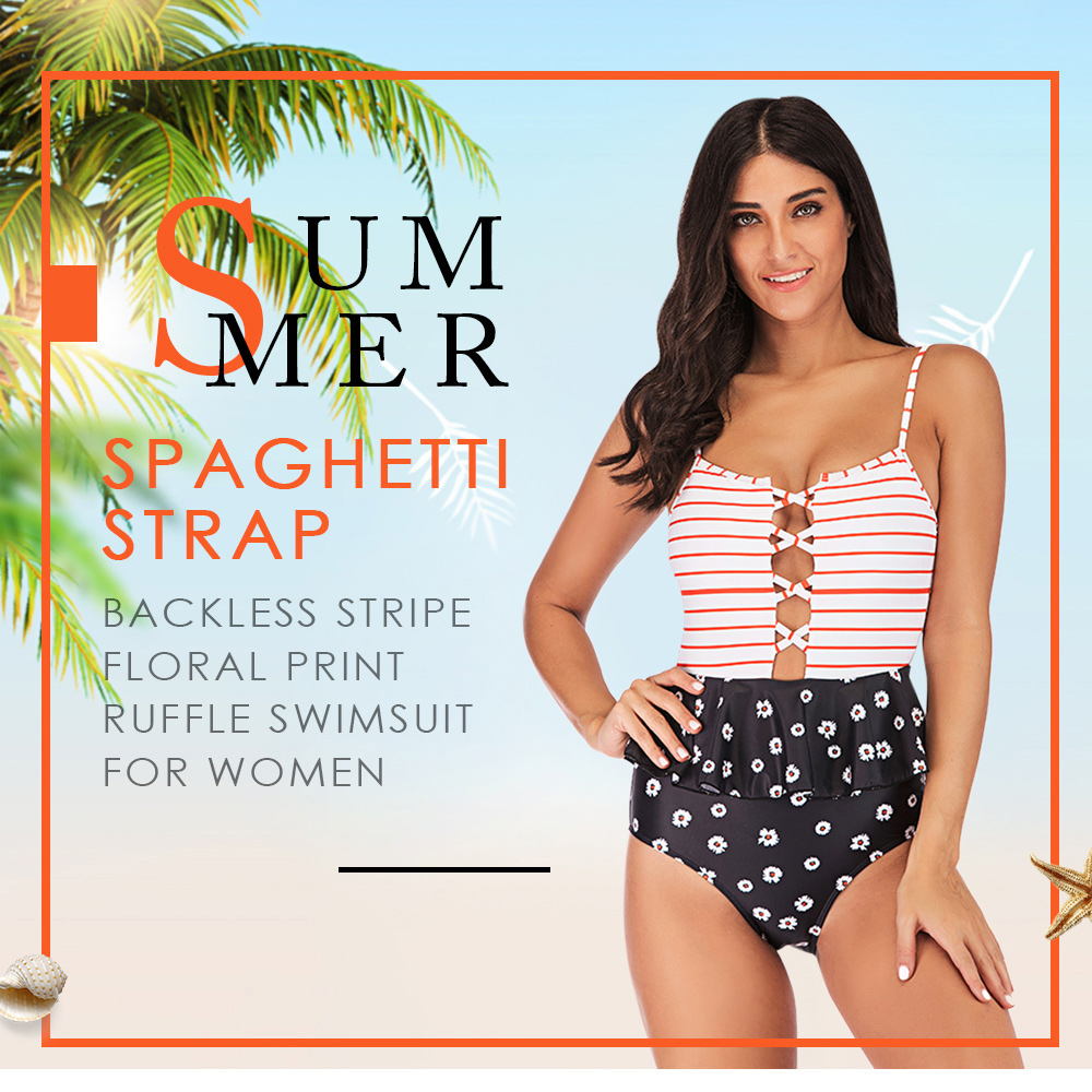 Spaghetti Strap Backless Padded Hollow Out Stripe Floral Print Ruffle Women Swimsuit