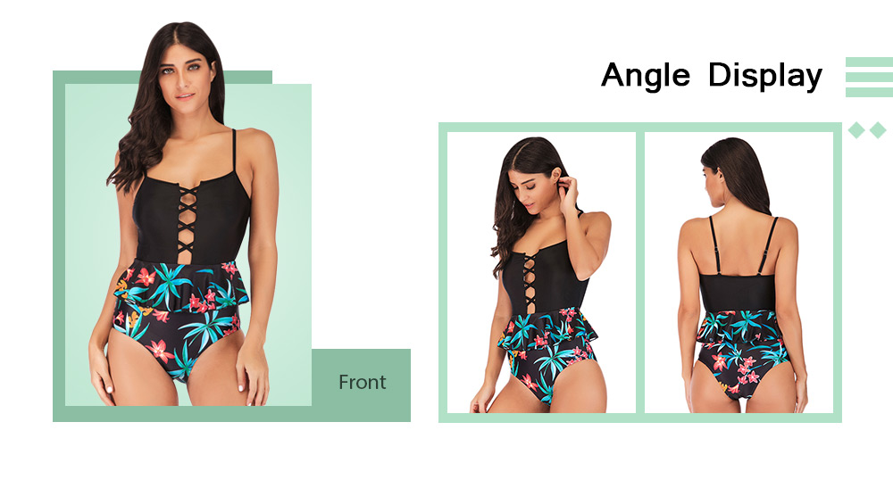 Spaghetti Strap Padded Backless Hollow Out Ruffle Floral Print Women Swimsuit