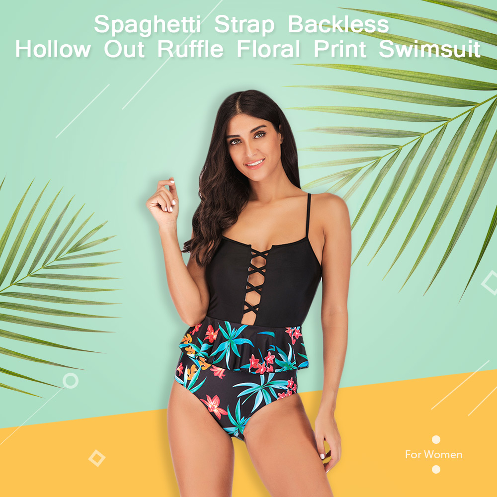 Spaghetti Strap Padded Backless Hollow Out Ruffle Floral Print Women Swimsuit