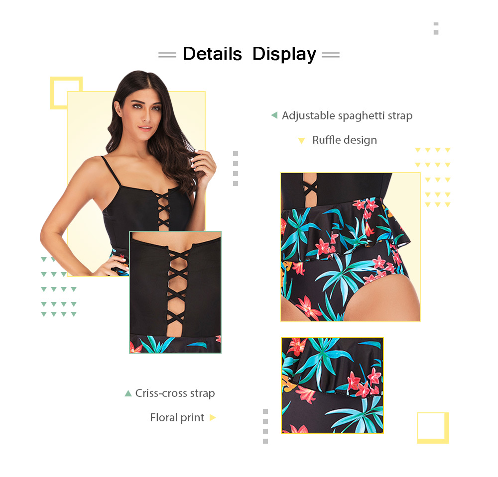 Spaghetti Strap Padded Backless Hollow Out Ruffle Floral Print Women Swimsuit