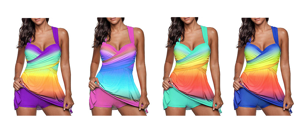 Women Gradient Multicolor Print Split Swimsuit