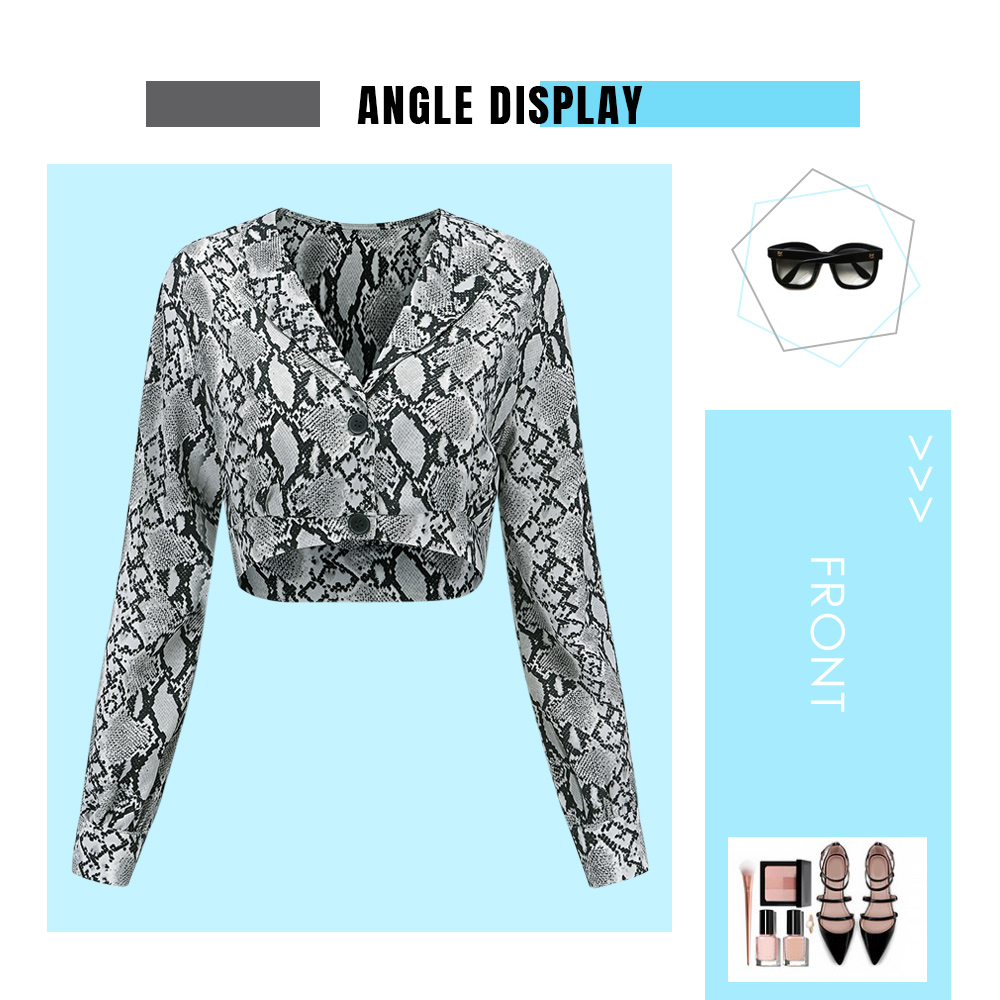 V Neck Turn-down Collar Long Sleeve Snakeskin Pattern Button Women Crop Top