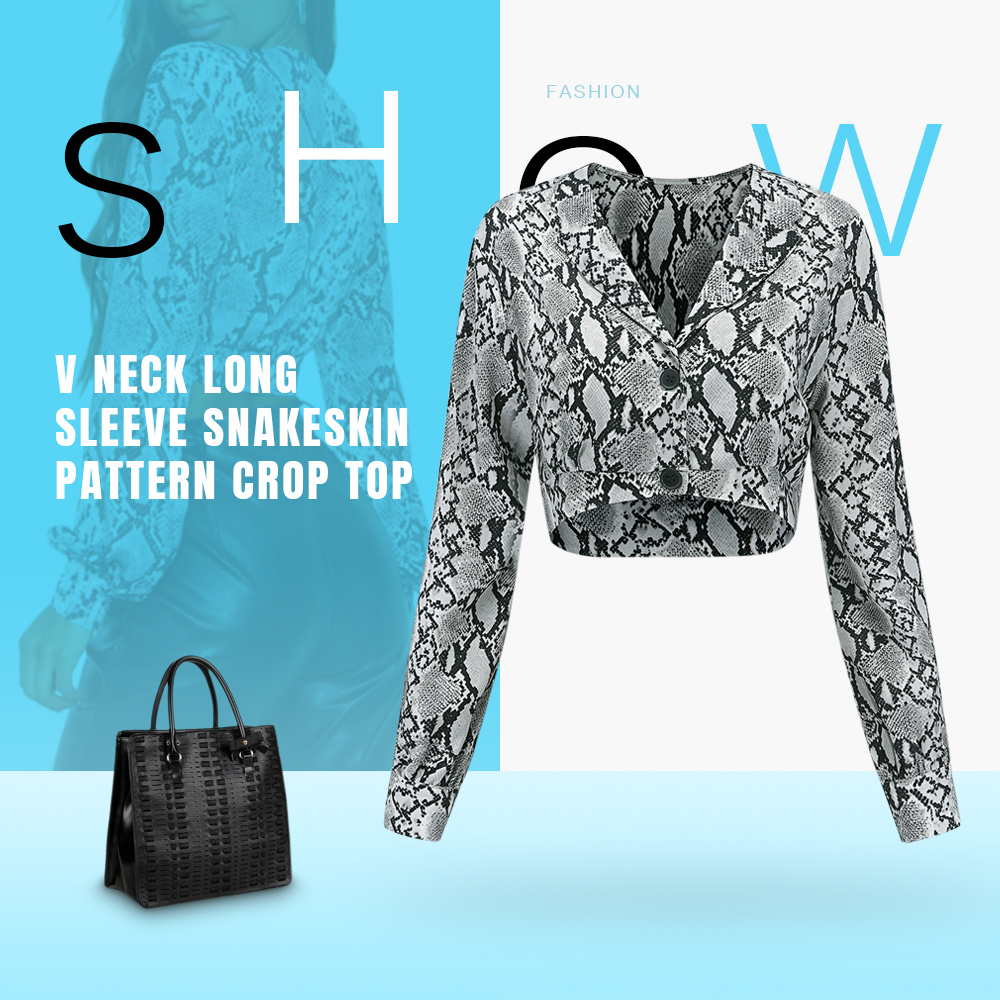 V Neck Turn-down Collar Long Sleeve Snakeskin Pattern Button Women Crop Top