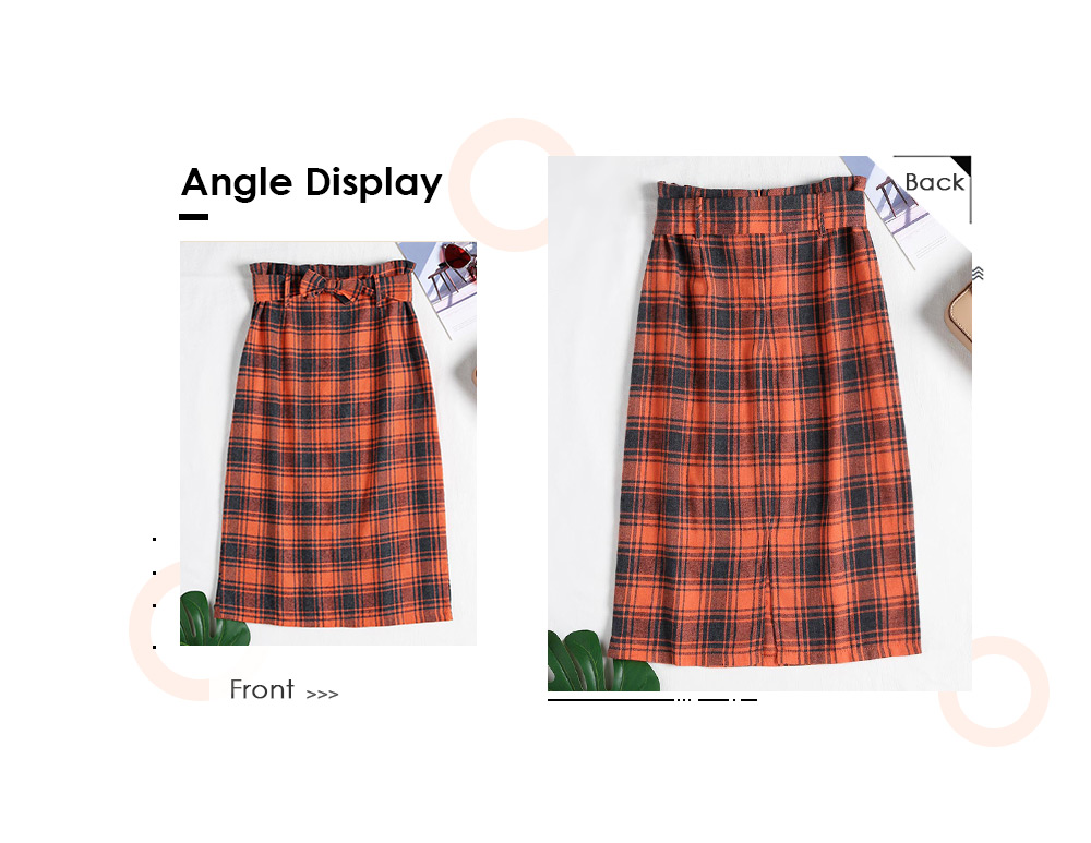 High Waist Plaid Belted Slit Zipper Women Midi Skirt