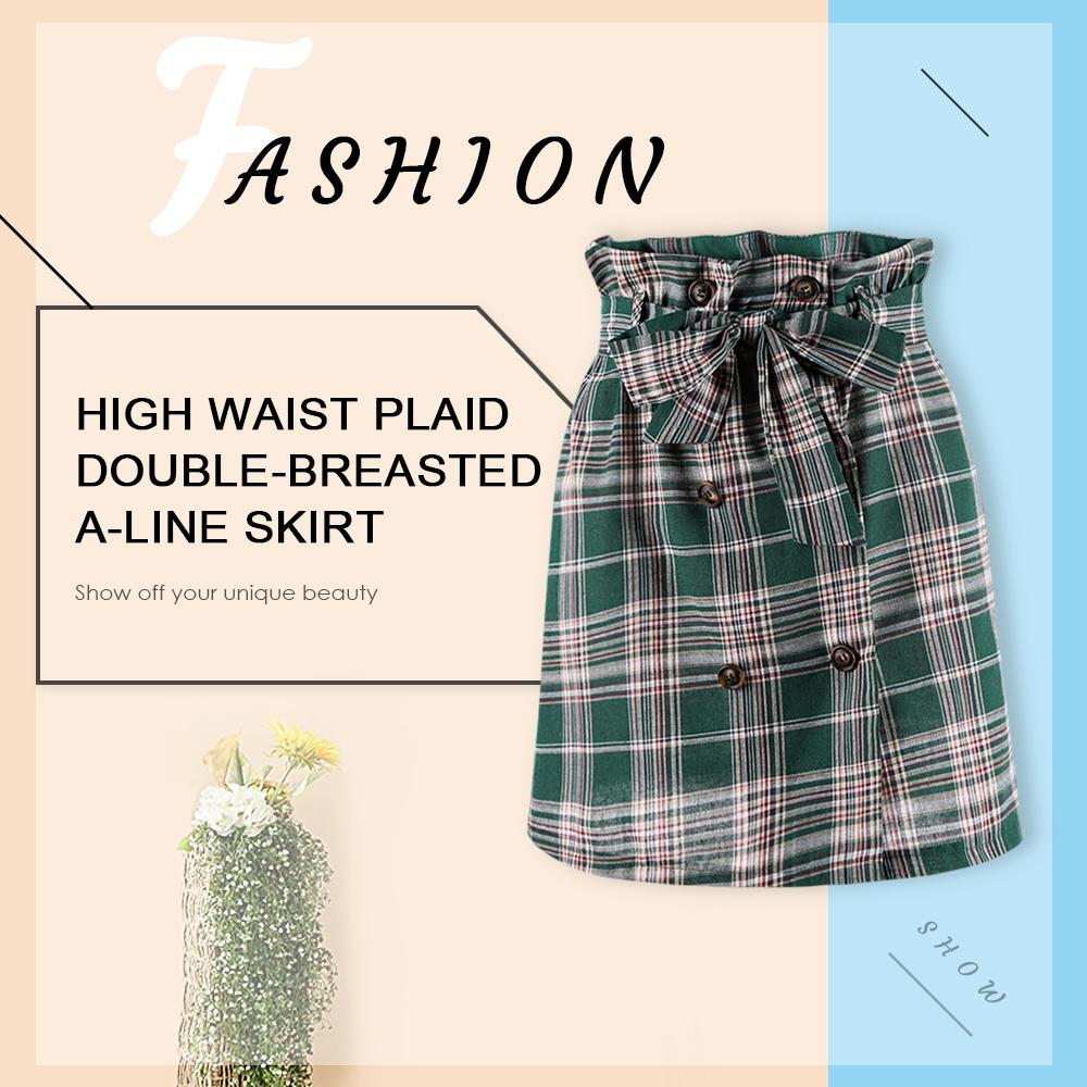 High Waist Plaid Double-breasted Belted A-line Women Skirt