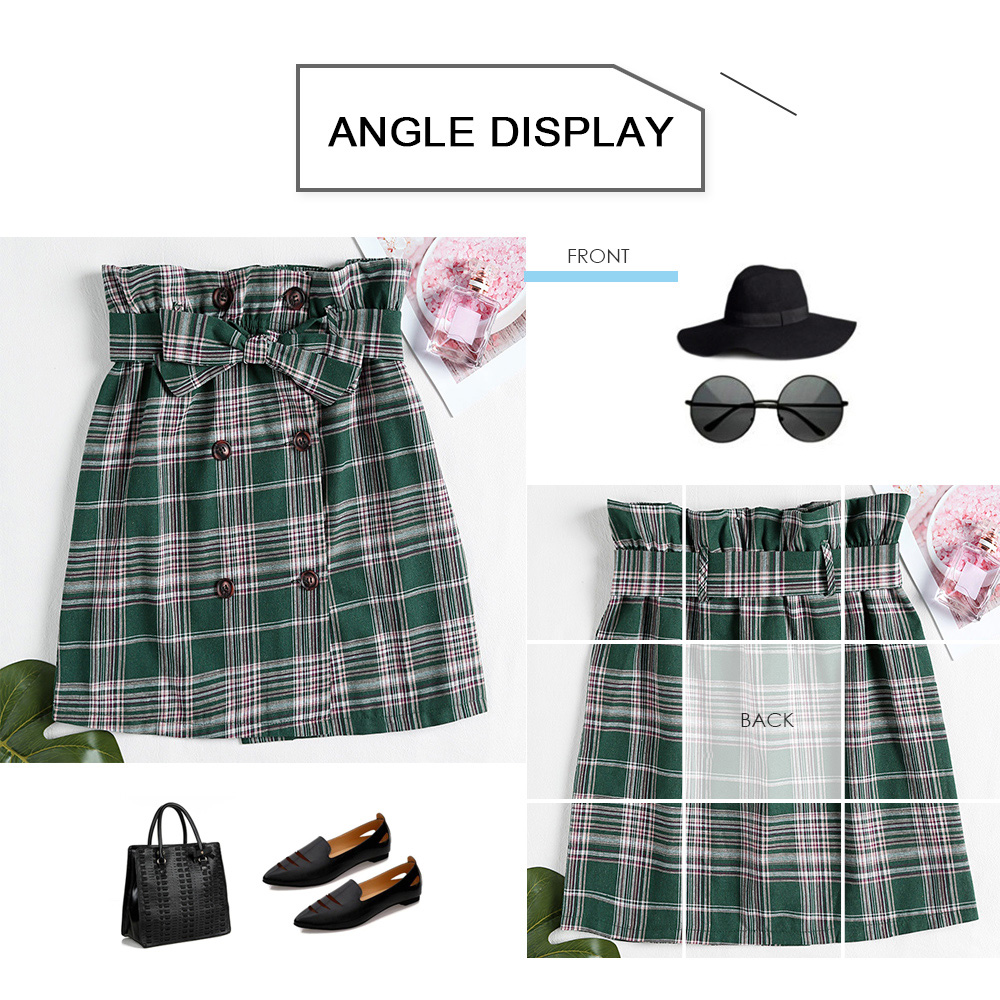 High Waist Plaid Double-breasted Belted A-line Women Skirt