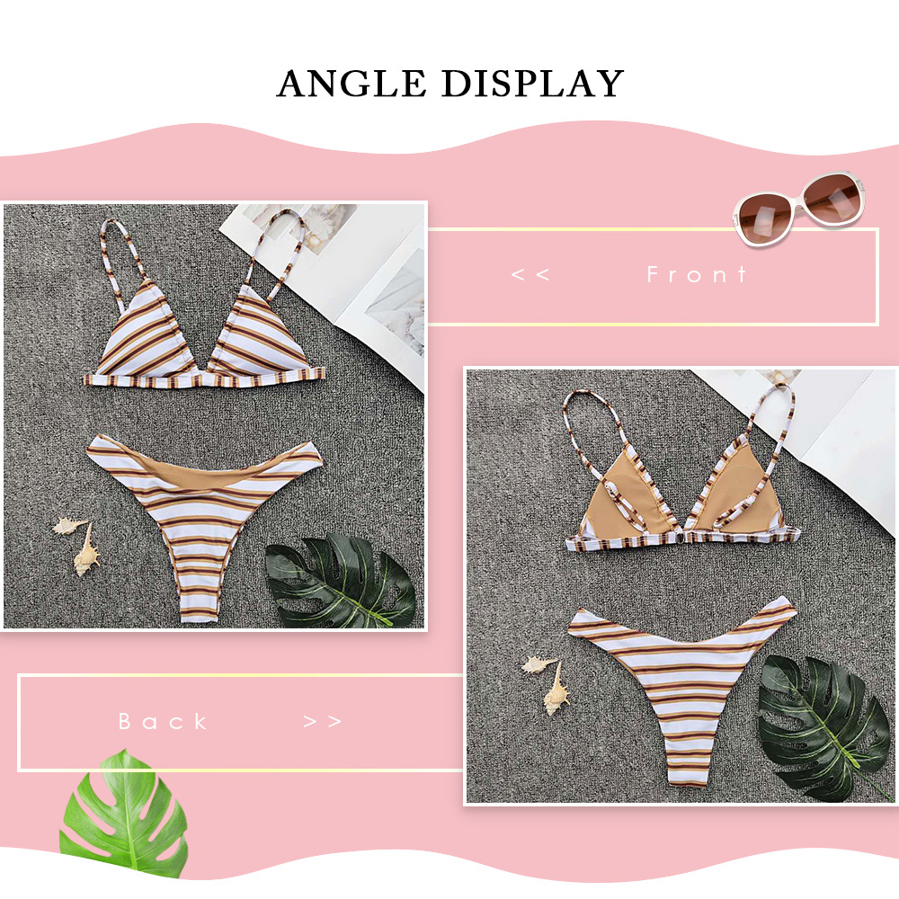 Spaghetti Strap Backless Padded Stripe Print Low Waist Two-piece Women Bikini Set