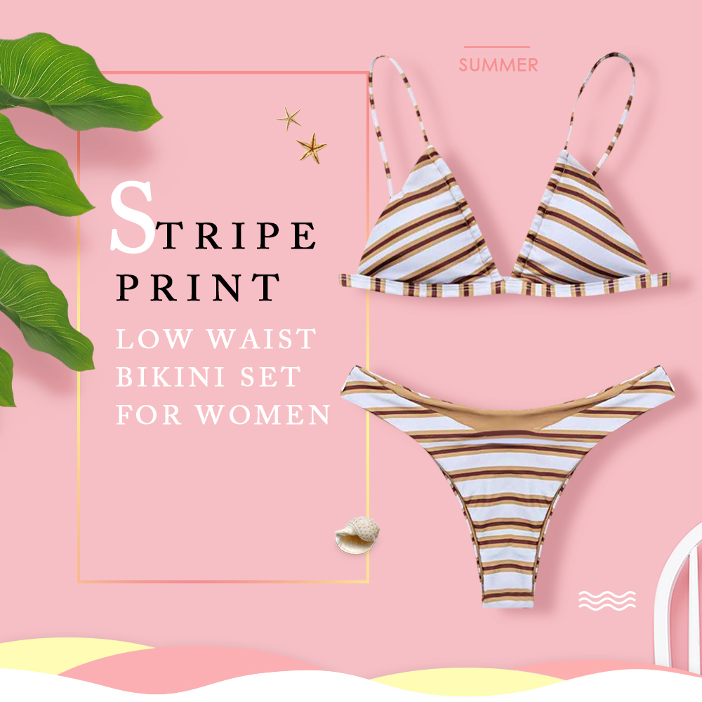 Spaghetti Strap Backless Padded Stripe Print Low Waist Two-piece Women Bikini Set