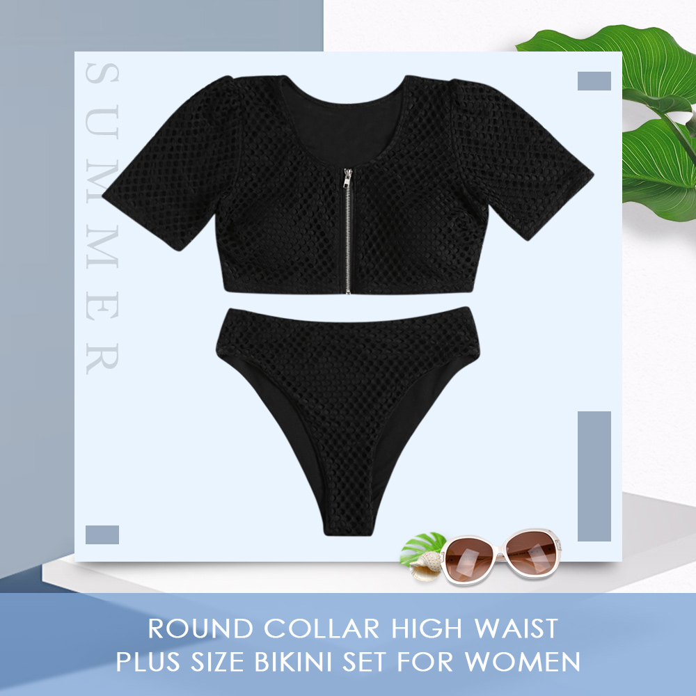 Round Collar Short Sleeve Padded Hollow Out High Waist Zipper Plus Size Women Bikini Set