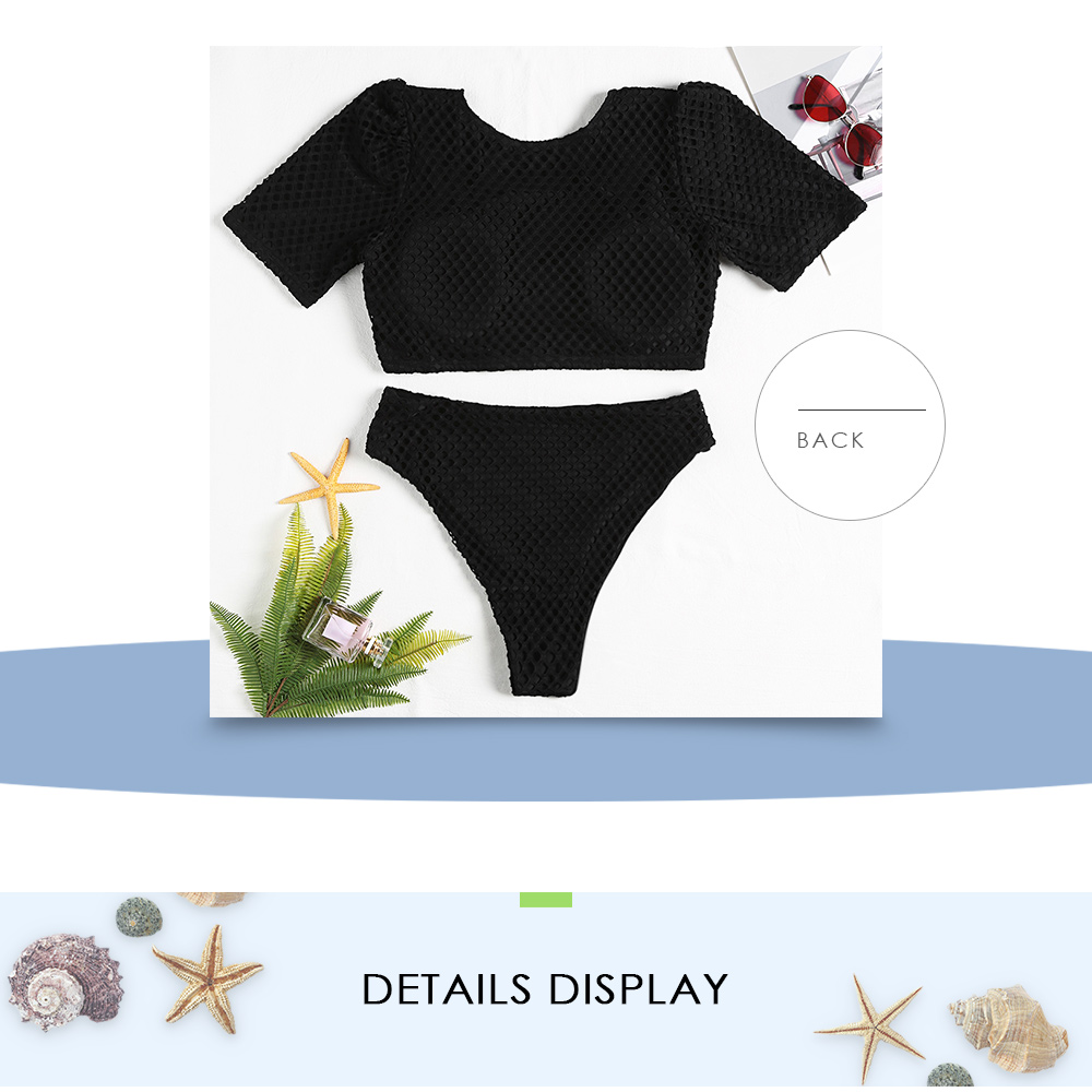 Round Collar Short Sleeve Padded Hollow Out High Waist Zipper Plus Size Women Bikini Set