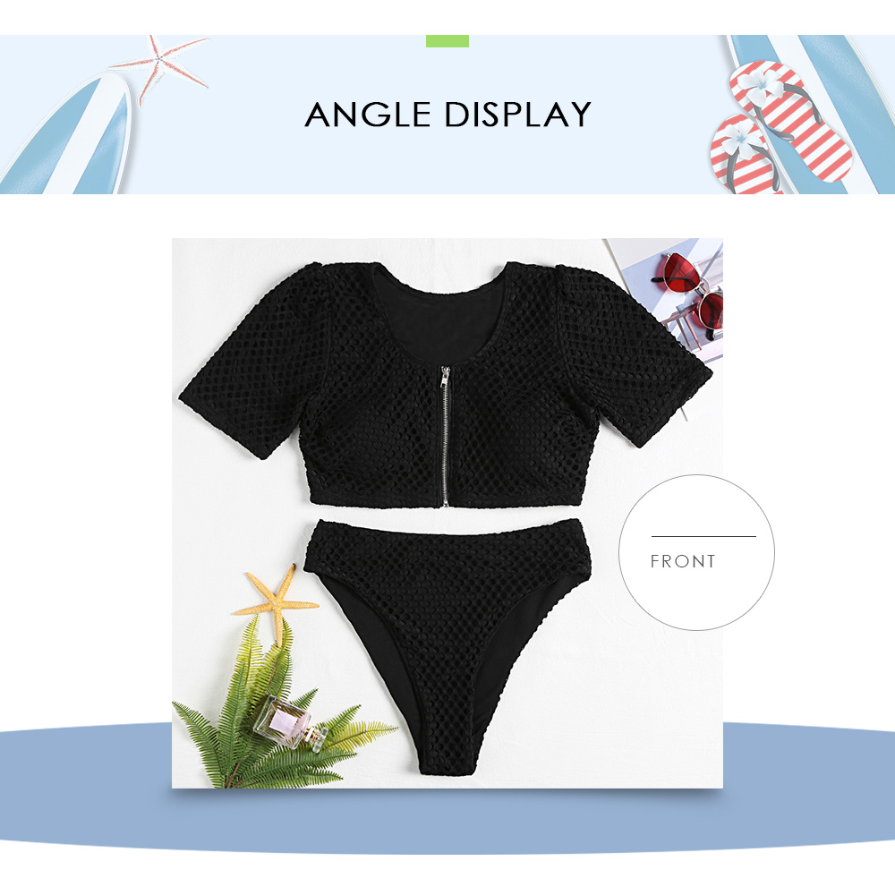 Round Collar Short Sleeve Padded Hollow Out High Waist Zipper Plus Size Women Bikini Set