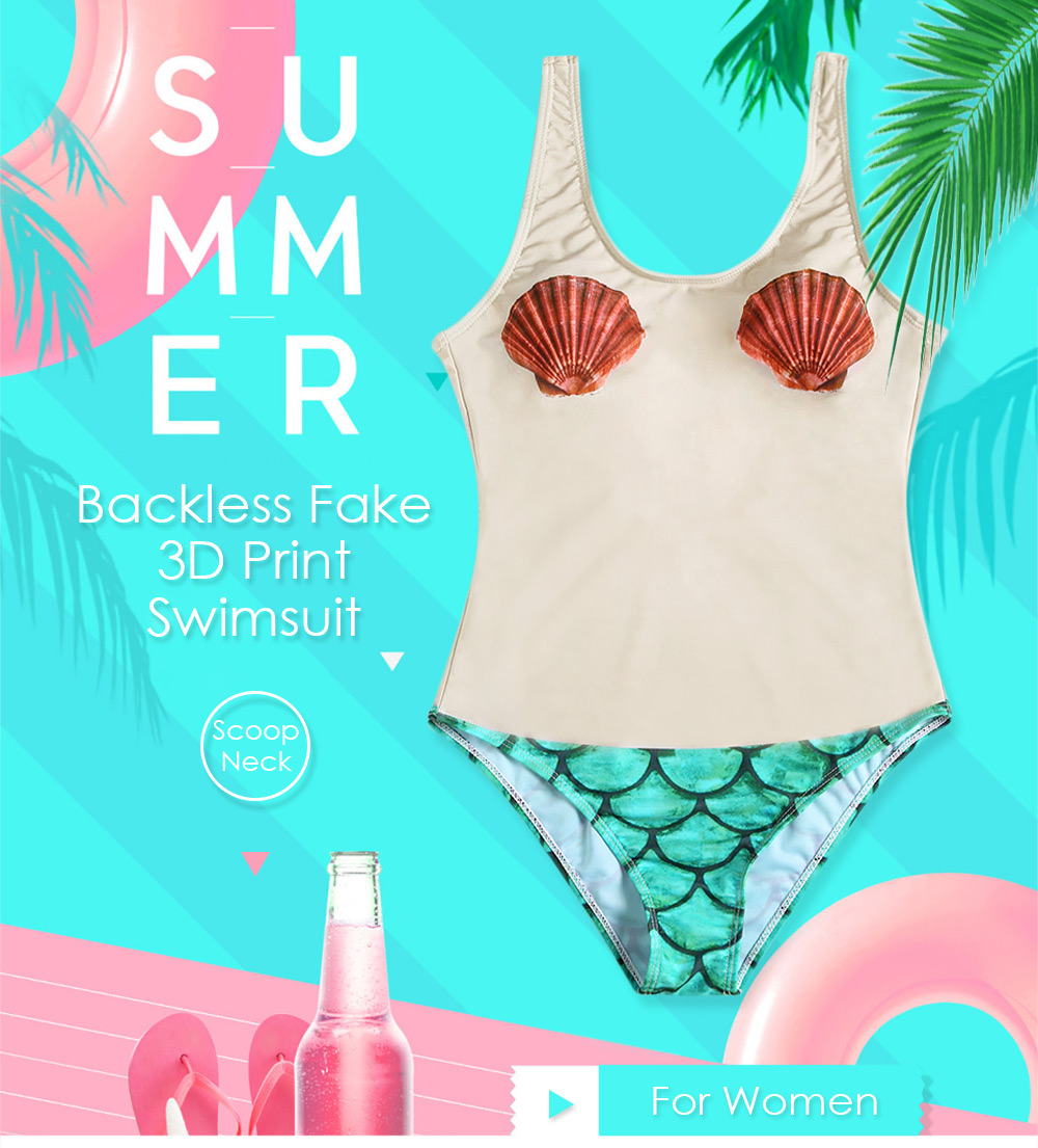 Scoop Neck Padded Backless Shell Fish Scale Fake 3D Print Funny Women Swimsuit