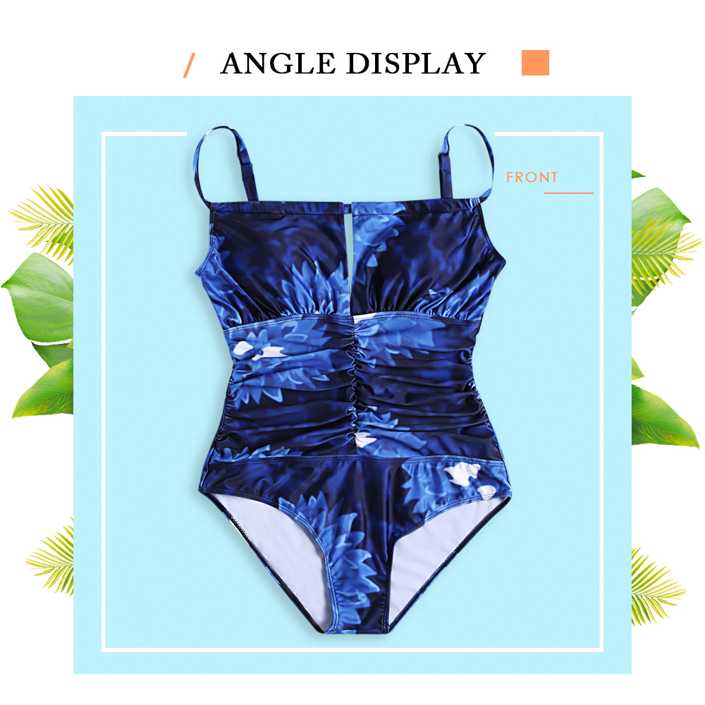 Spaghetti Strap Backless Padded Cut Out Floral Print Plus Size Women Swimsuit