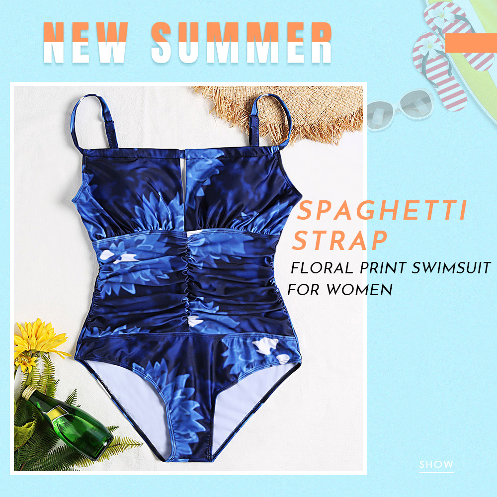 Spaghetti Strap Backless Padded Cut Out Floral Print Plus Size Women Swimsuit