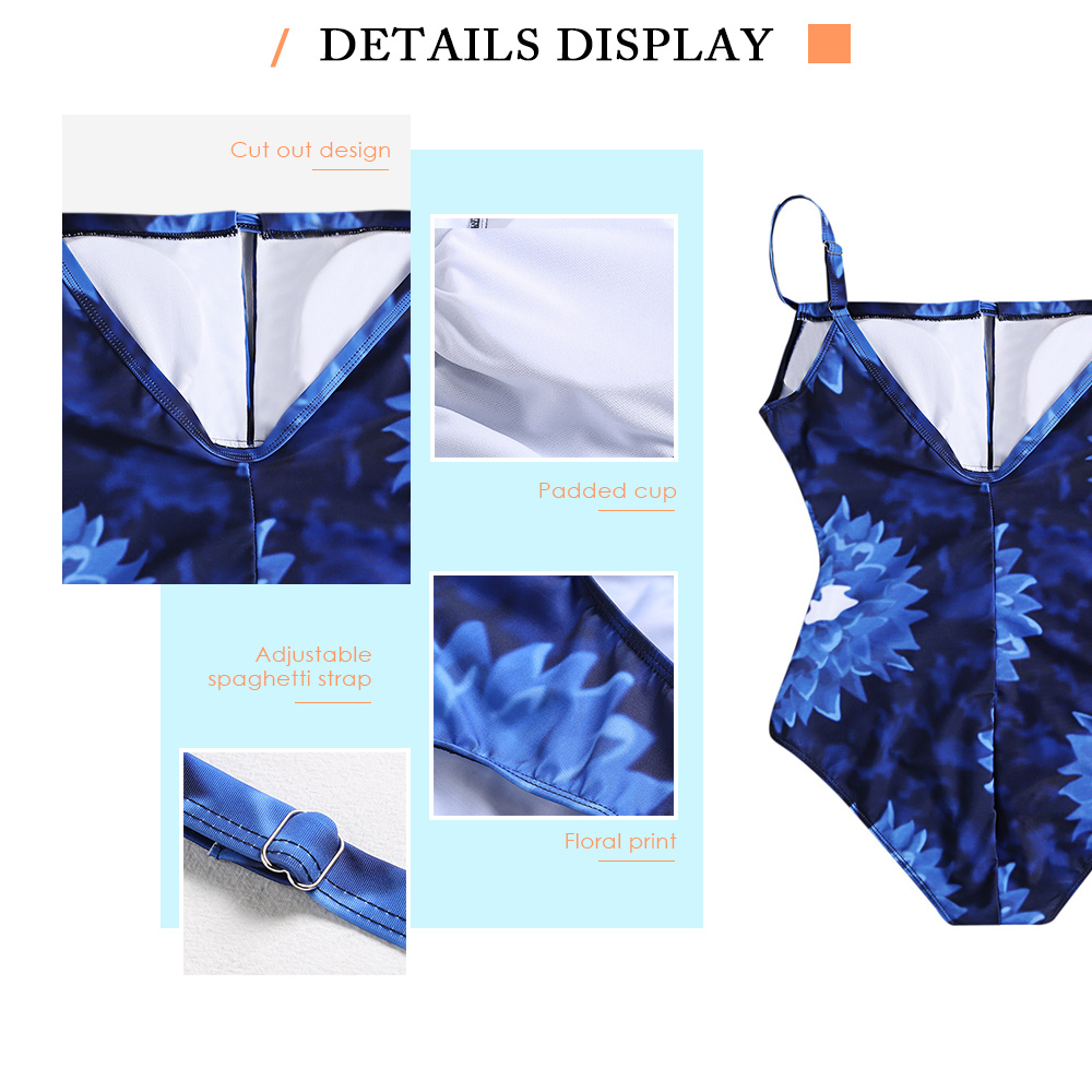 Spaghetti Strap Backless Padded Cut Out Floral Print Plus Size Women Swimsuit