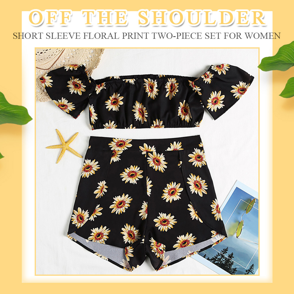 Off The Shoulder Short Sleeve Floral Print Crop Top Slit Zipper Shorts Women Two-piece Set