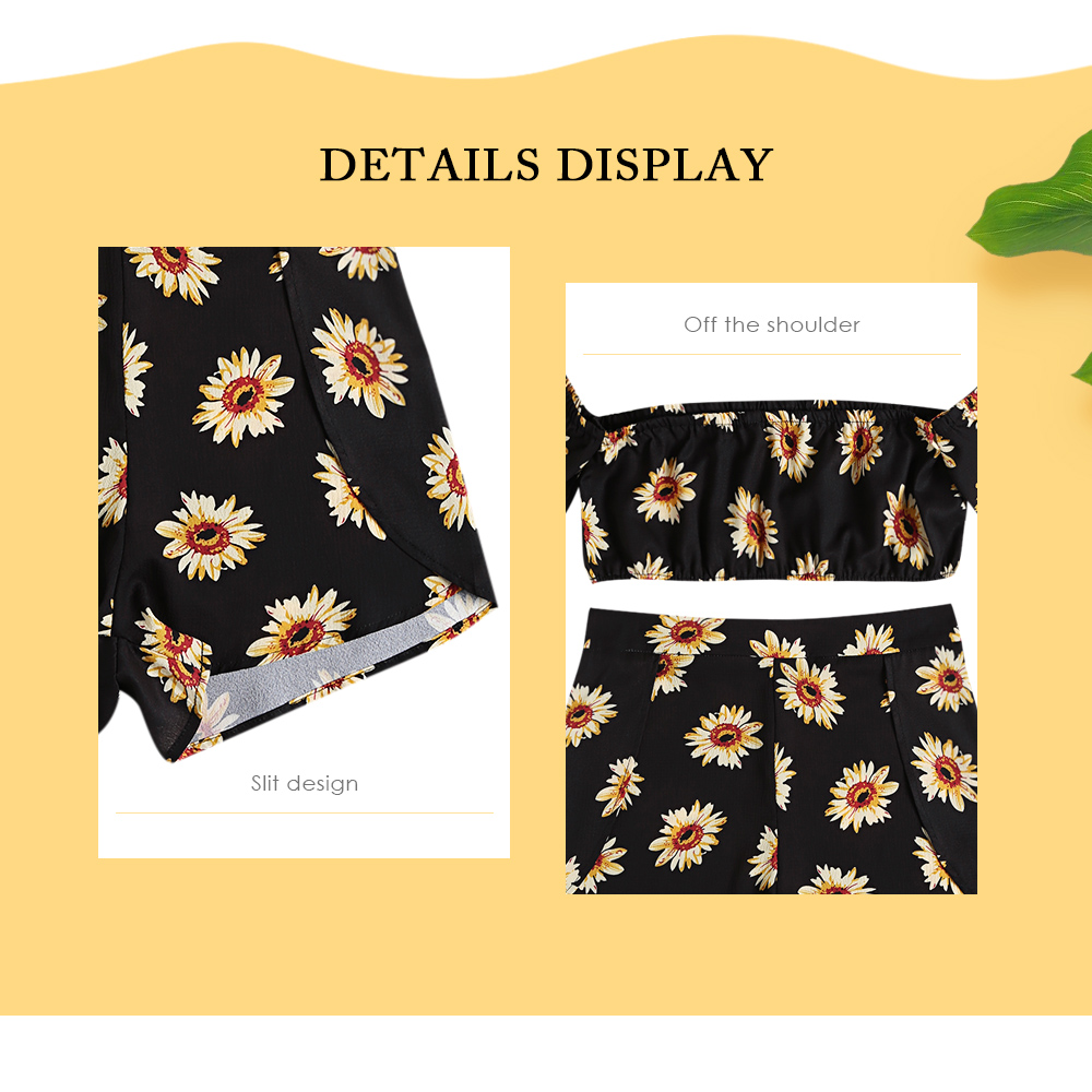 Off The Shoulder Short Sleeve Floral Print Crop Top Slit Zipper Shorts Women Two-piece Set