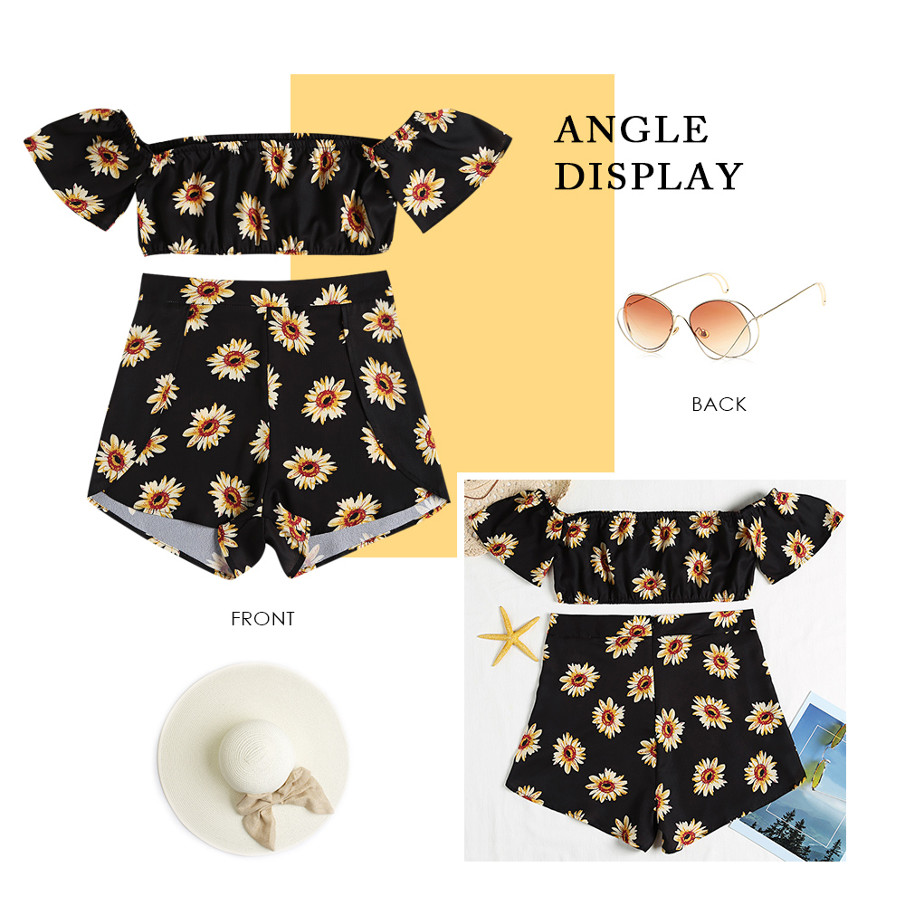 Off The Shoulder Short Sleeve Floral Print Crop Top Slit Zipper Shorts Women Two-piece Set