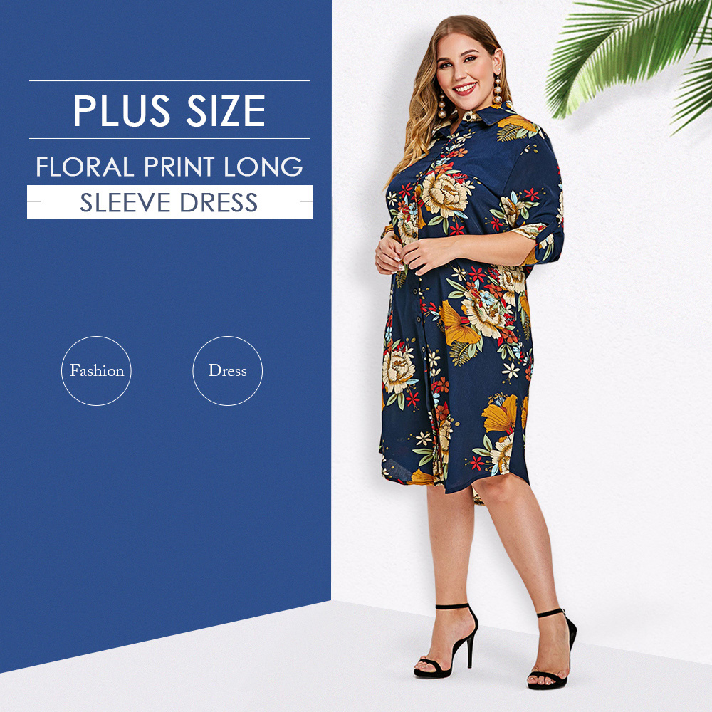 Floral Print Plus Size Button Up Shirt Dress