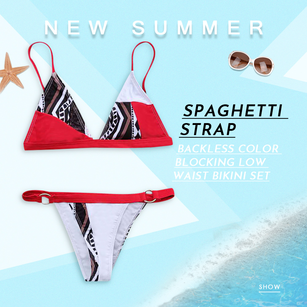 Spaghetti Strap Padded Backless Color Blocking Low Waist Women Bikini Set