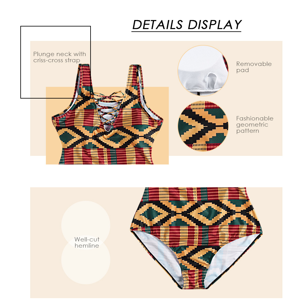 Plunge Neck Criss-cross Strap Padded Colorful Geometric Print Plus Size Women Swimsuit