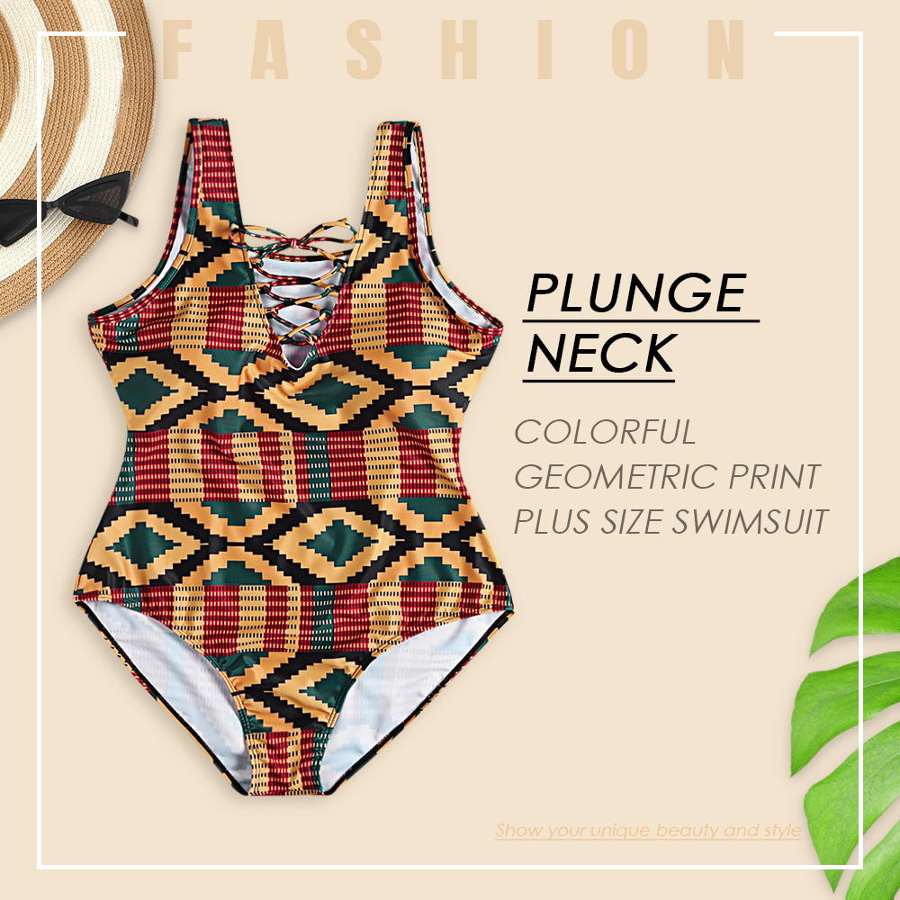 Plunge Neck Criss-cross Strap Padded Colorful Geometric Print Plus Size Women Swimsuit