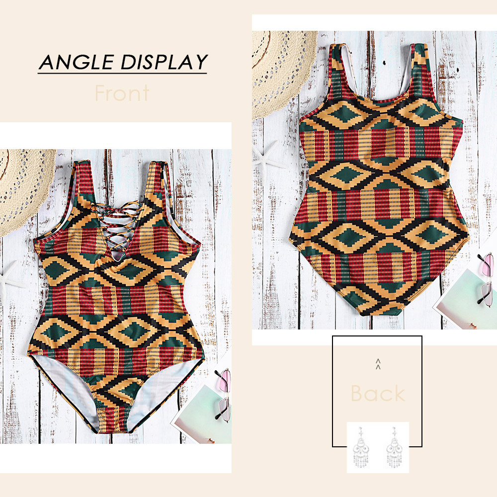 Plunge Neck Criss-cross Strap Padded Colorful Geometric Print Plus Size Women Swimsuit