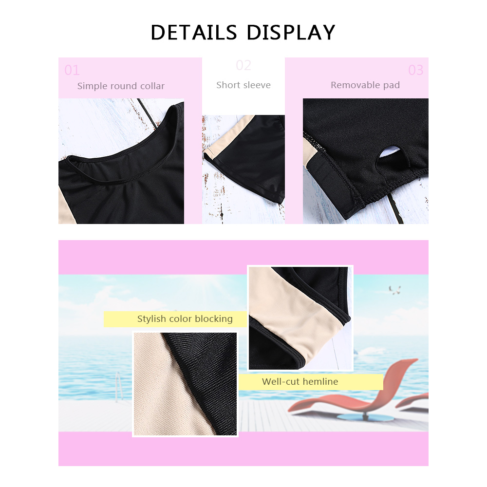 Round Collar Short Sleeve Padded Color Blocking High Waist Plus Size Two-piece Women Bikini Set
