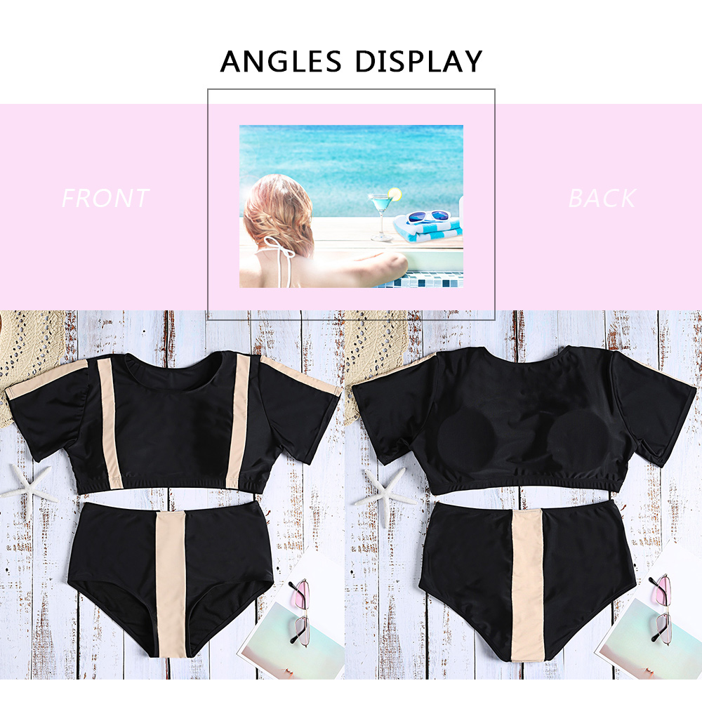 Round Collar Short Sleeve Padded Color Blocking High Waist Plus Size Two-piece Women Bikini Set