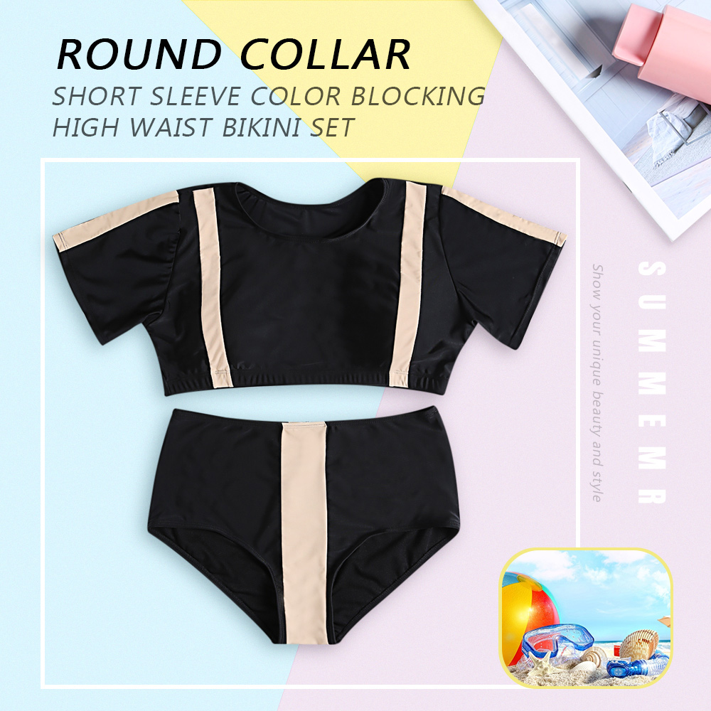 Round Collar Short Sleeve Padded Color Blocking High Waist Plus Size Two-piece Women Bikini Set