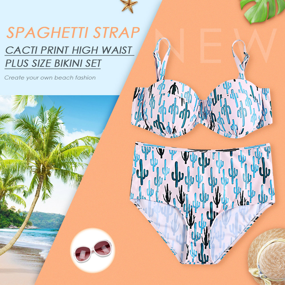 Spaghetti Strap Padded Underwire Backless Cacti Print High Waist Plus Size Women Bikini Set