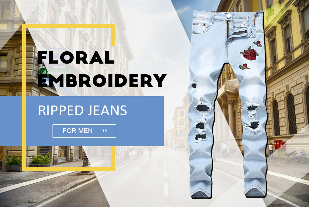 Flowers Embroidery Ripped Hole Jeans
