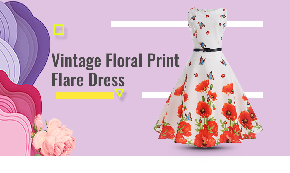 Retro Floral Print Belted Pin Up Dress