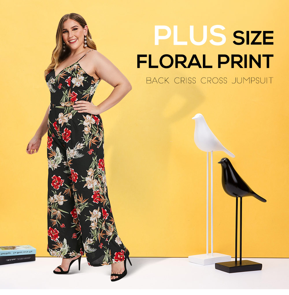 Plus Size Back Criss Cross Floral Print Jumpsuit