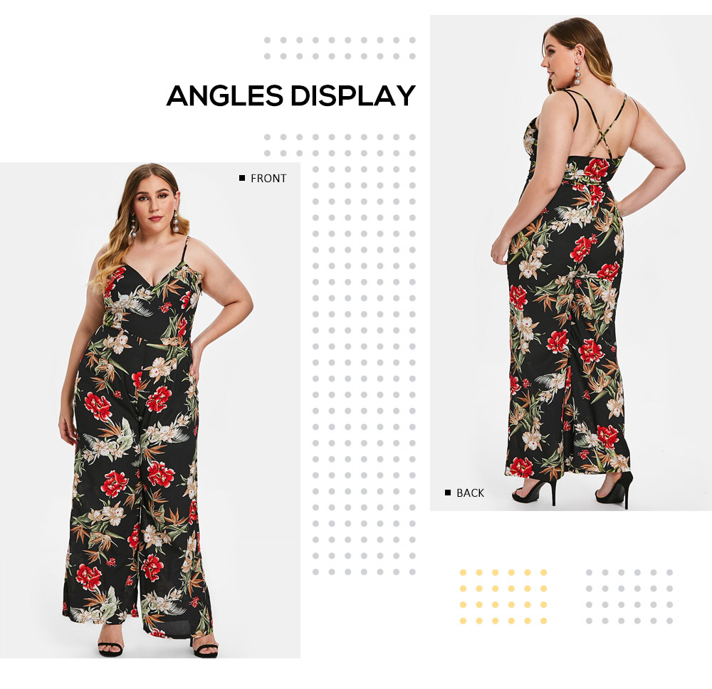 Plus Size Back Criss Cross Floral Print Jumpsuit