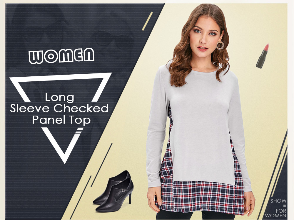Checked Panel Long Sleeve Top
