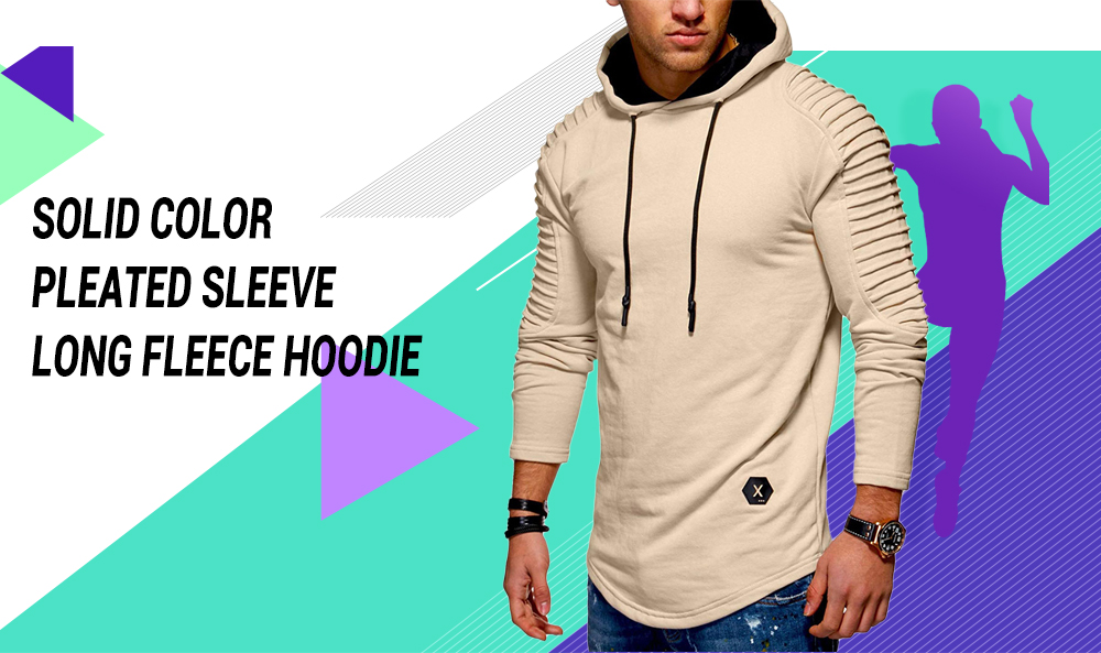 Solid Pleated Sleeve Patch Detail Long Fleece Hoodie