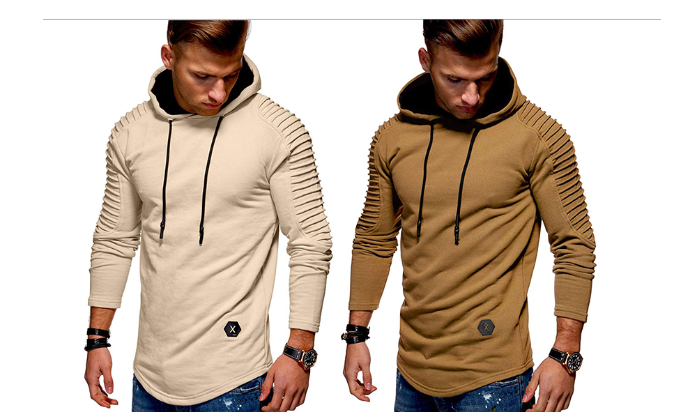 Solid Pleated Sleeve Patch Detail Long Fleece Hoodie