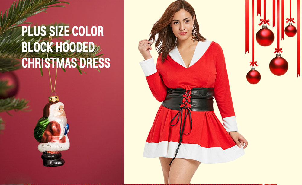 Plus Size Two Tone Christmas Hooded Dress