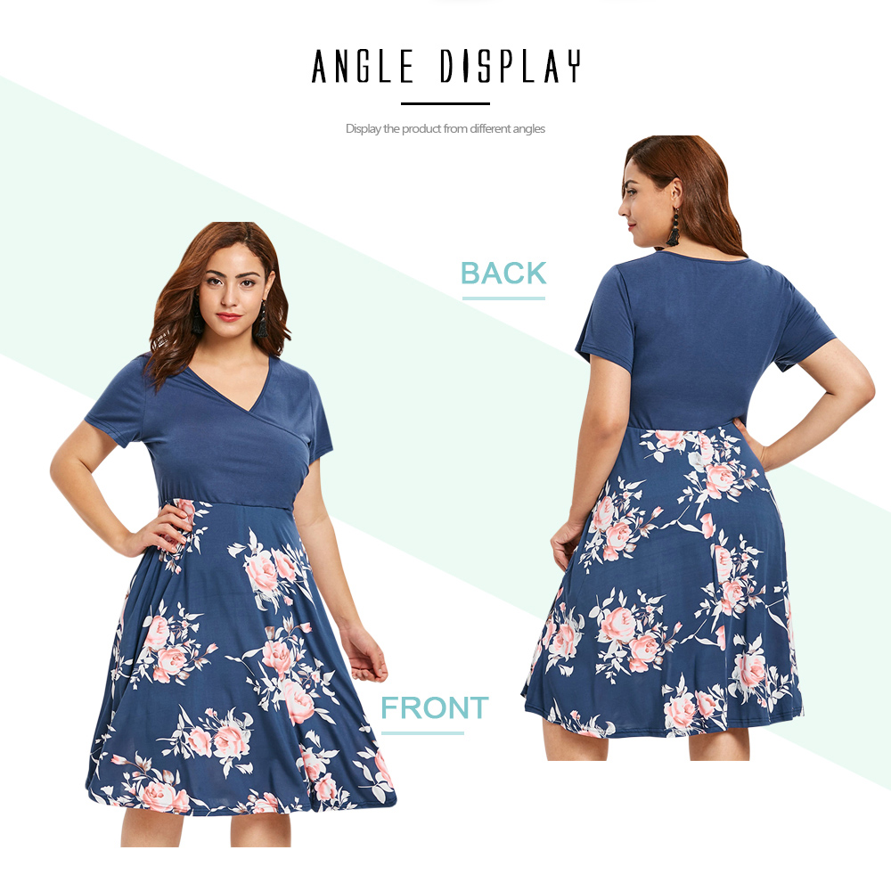 Plus Size Floral Print Surplice Neck Knee Length Dress
