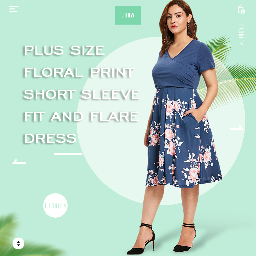 Plus Size Floral Print Surplice Neck Knee Length Dress