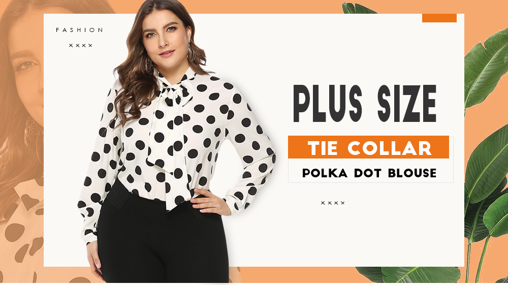 Plus Size Polka Dot Tie Collar Blouse