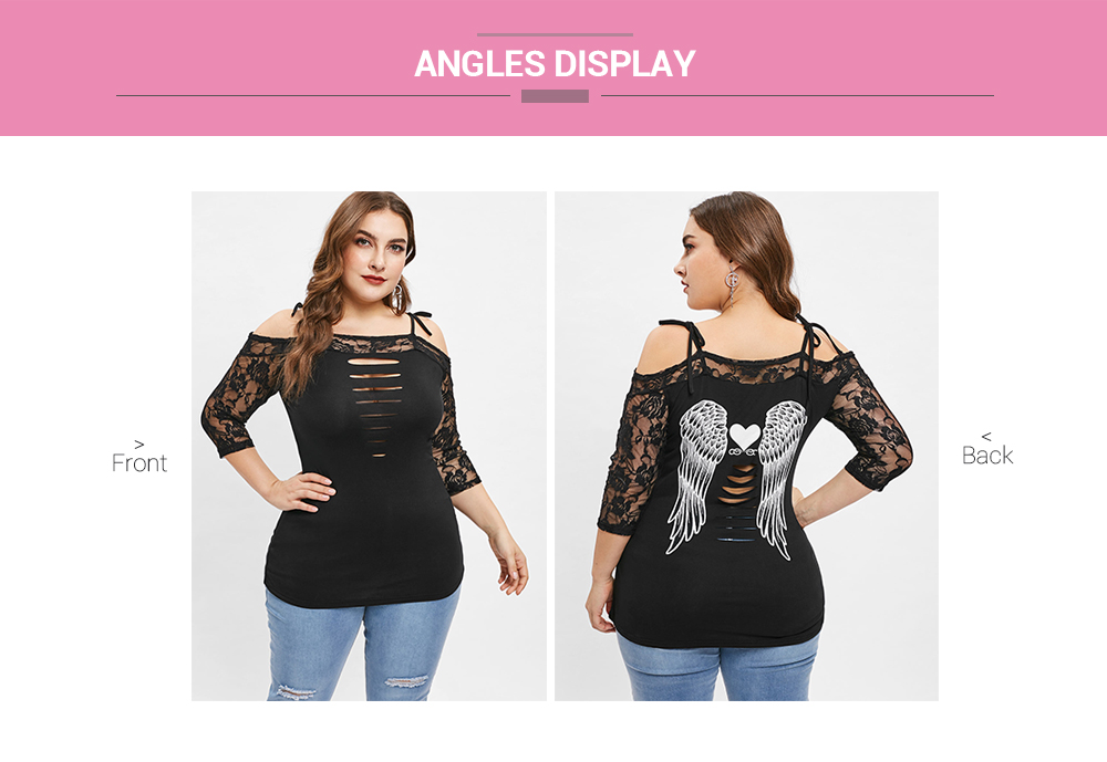 Plus Size Lace Insert Cold Shoulder Graphic T-shirt