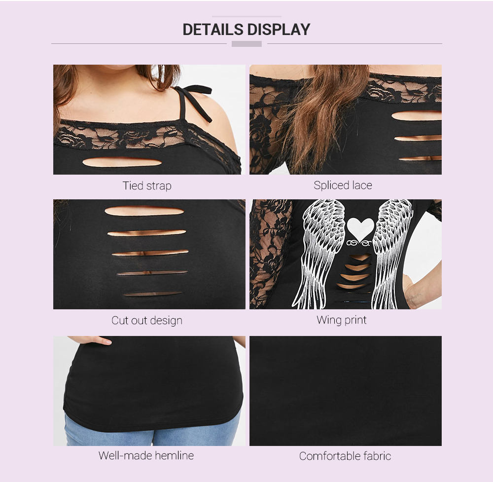 Plus Size Lace Insert Cold Shoulder Graphic T-shirt